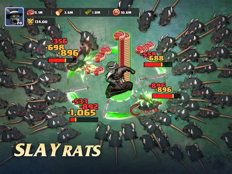 Rat swarm battle with damage numbers in Last Asylum: Plague